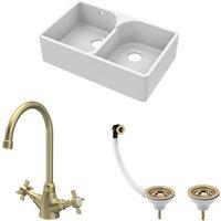Balterley Fireclay 2 Bowl Stepped Weir Butler Sink Wastes Crosshead Tap 795mm in White