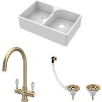 Balterley 2 Bowl Stepped Weir Fireclay Butler Sink Wastes Lever Tap 795mm in White