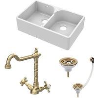 Balterley Fireclay 2 Bowl Stepped Weir Butler Sink Wastes Tap 795mm in White