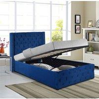 Comfy Living Ltd Winged Plush Velvet Fabric Ottoman Gas Lift Up Storage Bed Frame in Blue | Size: Single