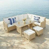 Home Garden Direct Thalia Rattan Corner Sofa 8 Seater Glass Table - Natural Premium Rattan Outdoor Garden Set