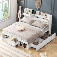 Matteo Double bed with USB port & drawers & storage cabinet, white