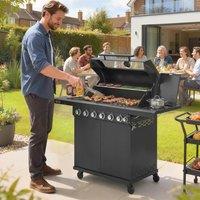 OUTSUNNY 6+1 Burner Gas BBQ Grill, Barbecue Grill with Warming Rack, Black