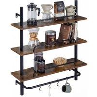 Costway 3-Tier Floating Display Shelves Wall Mounted Shelving w/4 Hooks in Dark Brown