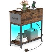 Costway Narrow Side Table w/ Charging Station Industrial End Table w/ Drawer in Brown
