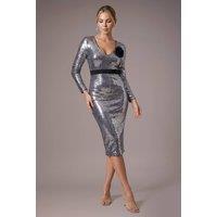 Goddiva Women's Liquid Sequin Midi With Corsage in Silver | Size: 8