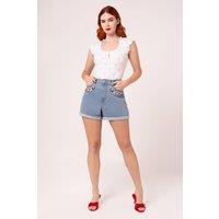 Hell Bunny Women's Francoise Blue Denim Strawberry & Daisy Embroidered Summer Shorts | Size: XS