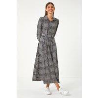 Roman Women's Geometric Print Tie Waist Midi Shirt Dress in Black | Size: 12