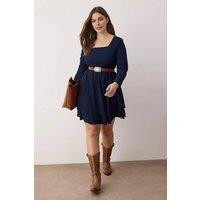 WOVCOR Women's Square Neck Belted Tiered Mini Dress with Long Sleeves in Navy | Size: 2XL