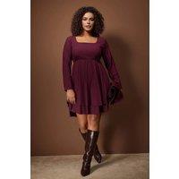 WOVCOR Women's Square Neck Belted Tiered Mini Dress with Long Sleeves in Plum | Size: 3XL