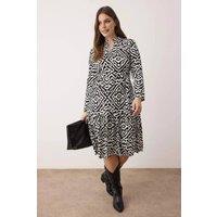 WOVCOR Women's Geo Print Belted Midi Dress with Long Sleeves | Size: 2XL