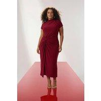 WOVCOR Women's Ruched Front High Neck Midi Dress with Side Split in Burgundy | Size: 4XL