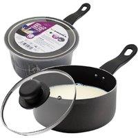 BARGAINS-GALORE 16cm Milk Pan + Glass Lid Handle Sauce Pot Kitchen Non Stick Cookware in Black
