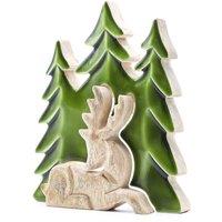 KDMD Lost in the Forest Stag 3D Wooden Decor - Mango Wood, Enamel, 23x20cm in Dark Green | Size: 23x20 cm