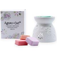 KDMD Agnes & Cat Ceramic Wax Melter with 4 Soy Melts - Home Fragrance in White