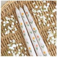 KDMD Set of 3 Tulip Print Taper Candles - Unscented, 5-Hour Burn in White