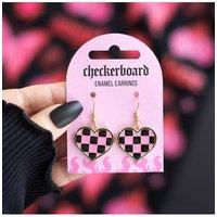 KDMD Women's Checkerboard Heart Earrings - Cute & Edgy Pink Black Alloy Jewelry