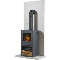 Acantha Fires & Fireplaces Tile Hearth Set White Marble Effect with Bergen XL Stove & Tall Pipe