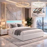 Harmin White Double 4ft6 Faux Leather Ottoman Storage Bed with LED Headboard | Size: EU Double