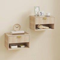 HOMCOM Floating Bedside Tables Set of 2 with Fluted Drawer Open Shelf in Light Brown | Size: 40 cm x 30 cm