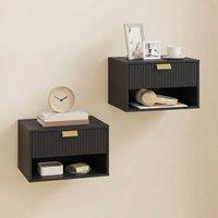 HOMCOM Floating Bedside Tables Set of 2 with Fluted Drawer Open Shelf in Black | Size: 40 cm x 30 cm