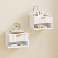 HOMCOM Floating Bedside Tables Set of 2 with Fluted Drawer Open Shelf in White | Size: 40 cm x 30 cm