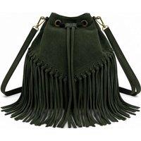 Kitise Women's Drawstring Closure Soft Real Suede Leather Boho Fringe Bucket Bag in Dark Green