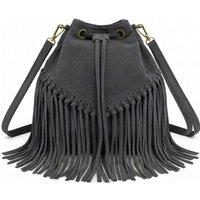 Kitise Women's Drawstring Closure Soft Real Suede Leather Boho Fringe Bucket Bag in Dark Grey