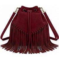 Kitise Women's Drawstring Closure Soft Real Suede Leather Boho Fringe Bucket Bag in Dark Red