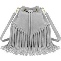 Kitise Women's Drawstring Closure Soft Real Suede Leather Boho Fringe Bucket Bag in Light Grey