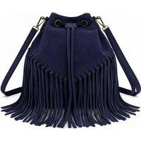Kitise Women's Drawstring Closure Soft Real Suede Leather Boho Fringe Bucket Bag in Navy