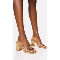 Public Desire Women's Robin Gold Strappy Square Toe Mid Block Heels | Size: 4