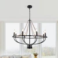 NIVOR 8 Light Dimmable Wagon Wheel Chandelier with Beaded Accents Adjustable in Black