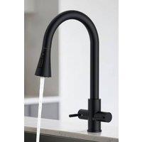 JANLEMNY Matte Black 3-Mode Pull-Out Spray Dual Lever Kitchen Mixer Tap | Size: 1000mm x 400mm