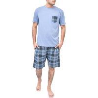 Smart Living Men's Mens 2 Piece Pyjama Set Short Sleeve Tee & Check Shorts Nightwear in Blue | Size: 2XL