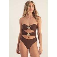 NastyGal Women's Starfish Trim Bandeau Cut Out Swimsuit in Chocolate | Size: 12