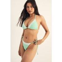 NastyGal Women's Textured Gingham Lace Trim Triangle Bikini Set in Green | Size: 8
