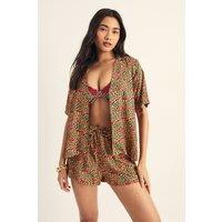 NastyGal Women's Leopard Cherry Resort Shirt & Shorts Beach Set in Tan | Size: 6