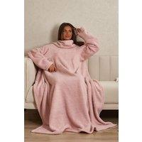 OHS Women's Teddy Fleece Blanket with Sleeves Wearable Throw in Light Pink