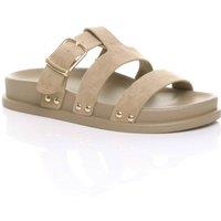 AJVANI Women's Flat Wedge Heel Flatform Buckle T-Bar Strappy Slides Footbed Sandals in Taupe | Size: 8