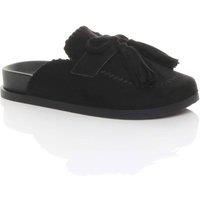 AJVANI Women's Flat Heel Tassel Moccasin Mules Sandals Sliders in Black | Size: 7
