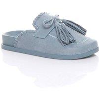 AJVANI Women's Flat Heel Tassel Moccasin Mules Sandals Sliders in Baby Blue | Size: 5