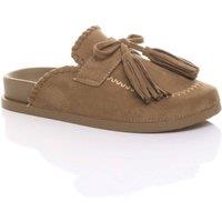AJVANI Women's Flat Heel Tassel Moccasin Mules Sandals Sliders in Camel | Size: 4