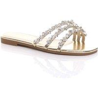AJVANI Women's Flat Heel Diamante Sandals Flip Flops Sliders in Gold | Size: 4