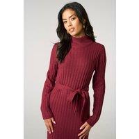 Femme Luxe Women's Wine Roll Neck Ribbed Knitted Belted Midi Jumper Dress | Size: 14