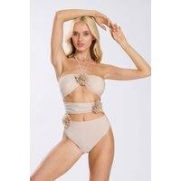 South Beach Women's Glitter Embellished Flower Cut Out Swimsuit in Gold | Size: 6