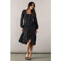 Wallis Women's Printed Long Sleeve Ruffle Detail Midi Dress in Black | Size: 8