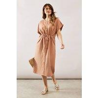 Wallis Women's Summer Linen Mix Drawstring Midi Dress in Mocha | Size: 16