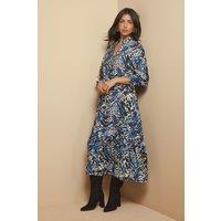 Wallis Women's Animal Tie Neck Midaxi Dress in Teal | Size: 12