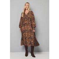 Wallis Women's Petite Snake Print Woven Ruffle Collar Midi Dress in Brown | Size: 12